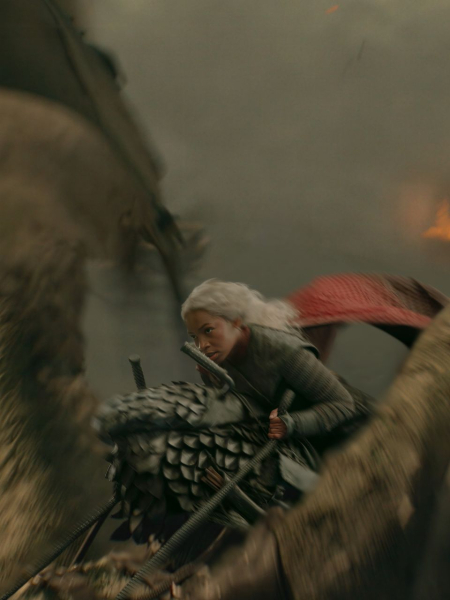 Bethany Antonia as Lady Baela Targaryen in season three of Hous of the Dragon riding a dragon.